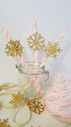 Snowflake Drinking Paper Straws Pink and Gold