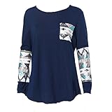 Usstore Women Ladies Pocket Sequins Splice Long Sleeve Tops T-Shirt Blouse (XL, Navy)