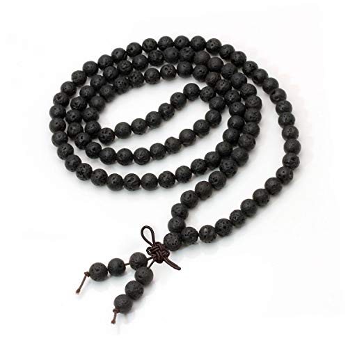 Eigso 8mm Tibetan Buddhist Natural Lava Rock Stones 108 Mala Prayer Beads Stretch Bracelet Necklace