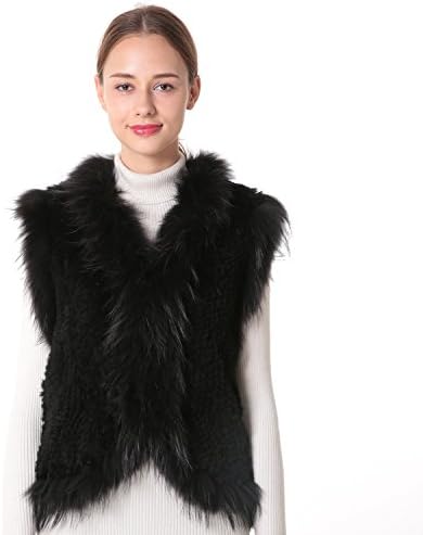 Nice Glory Women's Rex Rabbit Fur Sleeveless Knit Vest with Coyote Fur on the Edge Black.