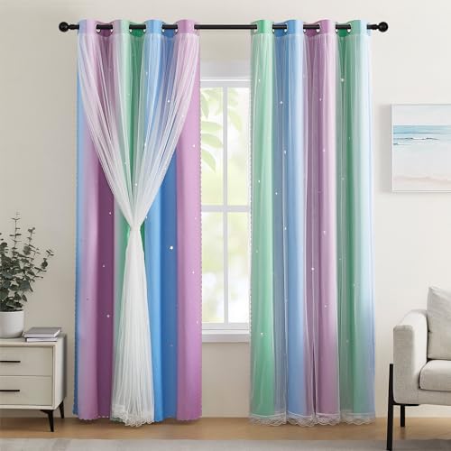 XiDi Thermo Sternen-Lochmuster Verdunkelung Lichtfilter | Grün-Türkis-Violett 132x183cm für Büro mit Schleier & Dekorlochung Gre/Blu/Pur/132/183/2
