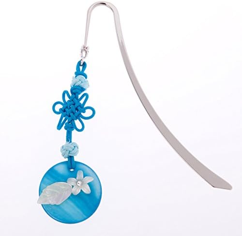 Mother of Pearl Carved Blue Moon White Flower Leaf Dangle Macrame Knot Tassel Metal Charm Hook Bookmark Page Marker