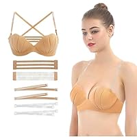 MISSYO Strapless Bra Cross Detachable Invisible Straps Shell-Shaped Cup Backless Push up Bras for Women Cup D Beige