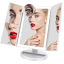 FASCINATE Espejo Maquillaje con Luz 3 Modos Iluminación Colores,72 Leds Tríptica Aumentos 3X, 2X,1x Magnetismo Extraíble Espejo 10X Rotación 180° Espejo de Maquillaje Carga con USB o Batería