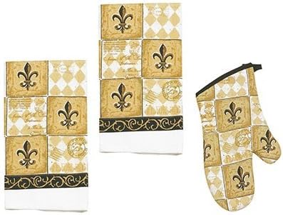 Gold Fleur de Lis Kitchen Towels 3 Piece Set - 2 Terry Cloth Towels and Oven Mitt