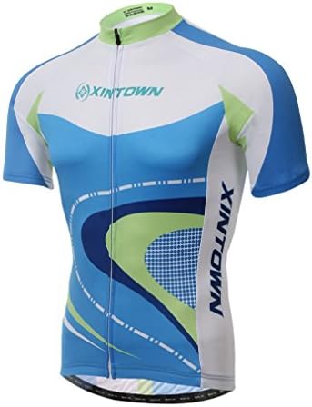 BESYL Unisex Printed High-Performance Mesh Breathable Outdoor Short Sleeve Cycling Jersey for Bike, Riding, Biker (Sky-Blue White Light Green Dark-Blue)