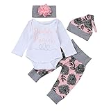 Hot Sale!!Baby Girl Letter Romper Clothes Set,Newborn Infant Tops+Floral Pants Hat Outfits (White, 3M)