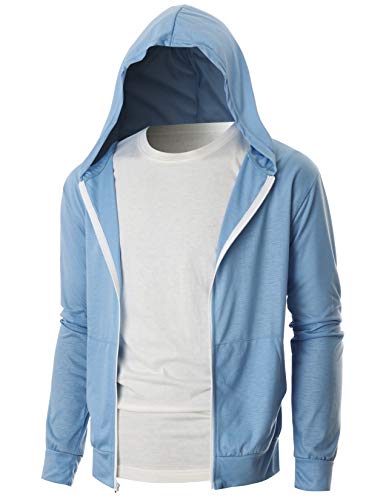 OHOO Mens Slim Fit Long Sleeve Lightweight Eco Zip-up Hoodie Sweatshirt with Kanga Pocket/DCF202-SKYBLUE-M