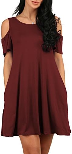 MONIKEEN Women's Summer Cold Shoulder Loose Casual Swing T Shirt Dress Top With Pockets