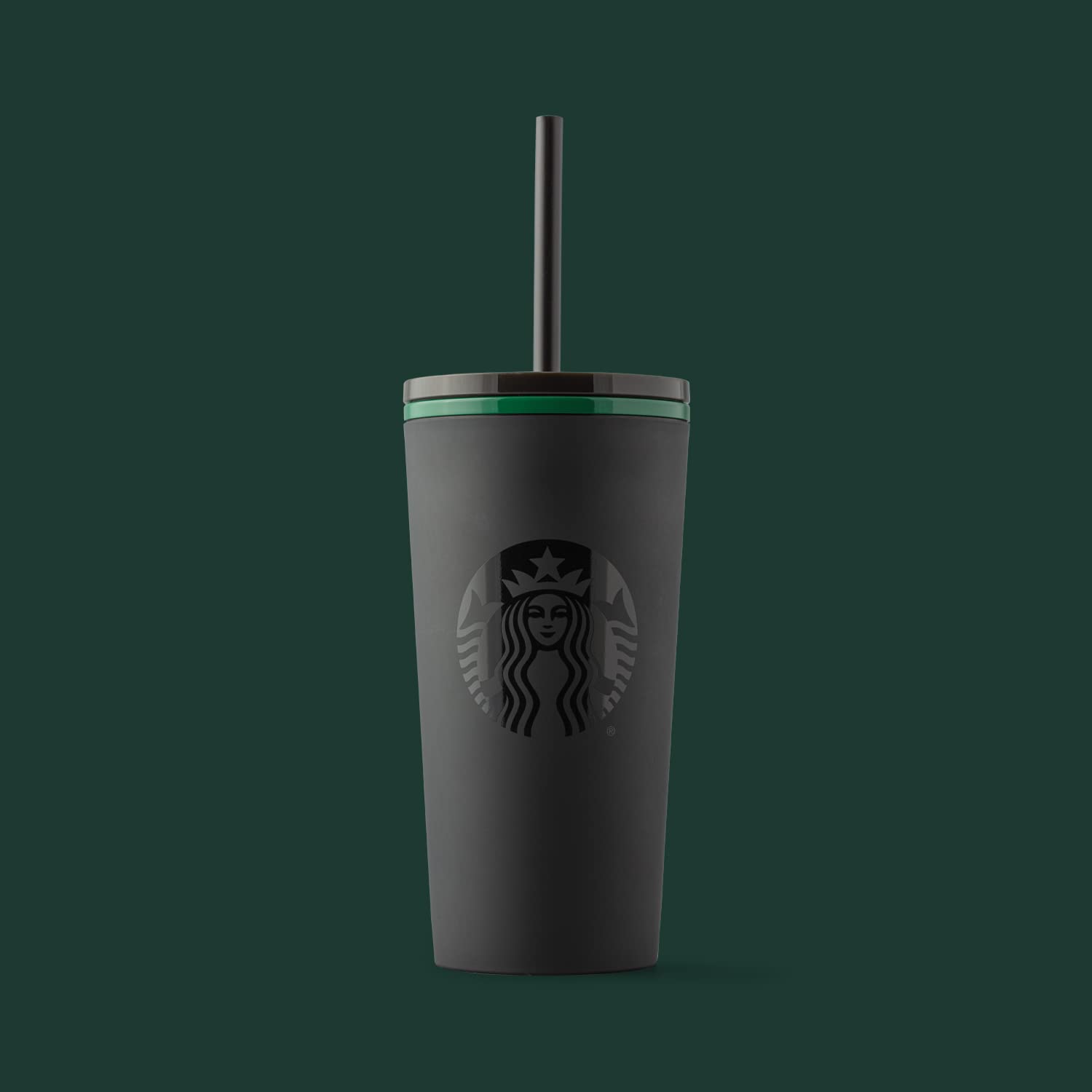 STARBUCKS Tumbler Cold Cup with Straw, Matte Black with Green Rim, 12 fl oz