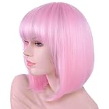 Annivia Light Pink Short Bob Wig with Bangs for Women 12'' Heat Resistant Synthetic Straight Wigs with Bangs Halloween Cosplay Party Wig Natural As Real Hair (Light Pink)