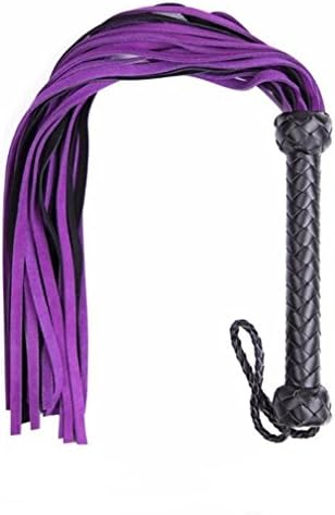 Kiko Pets TM Premium Quality Leather Flogger Crop with 22 Long Soft Purple and Black Tails with Braided Wrapped Handle with Wrist Strap