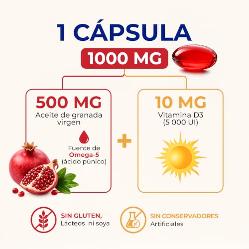 Swedan Naturals Omega 5 Aceite de Granada con Vitamina D3, Suplemento Alimenticio en Cápsulas, Fuente Natural de Ácido Púnico, 100 Cápsulas