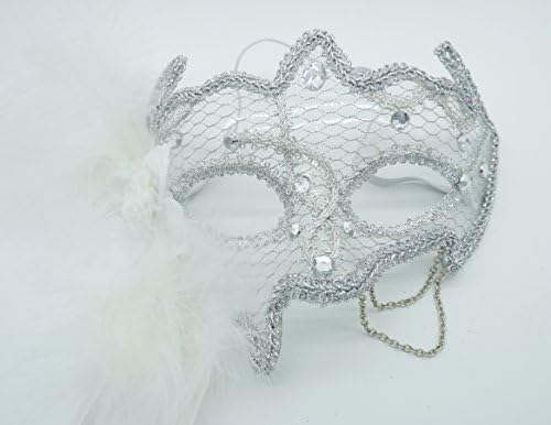Disconano Net Structure Masquerade Masks Princess Rhinestone with Feathers Faux Pearl Party Mask Silver