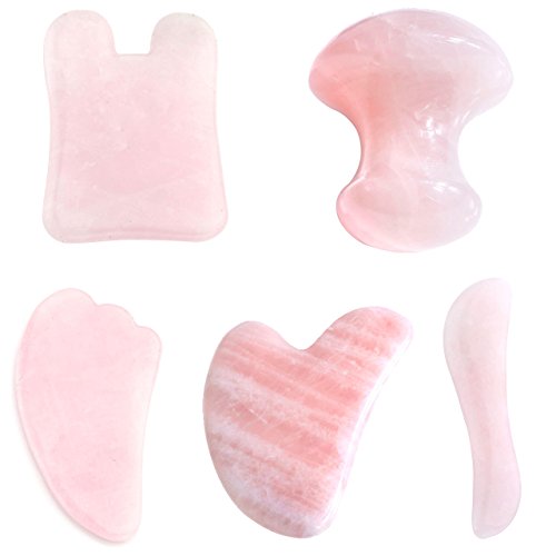 CCbeauty 5 pcs Rose Quartz Gua Sha Scraping Massage Tools Natural Stone Guasha Board For SPA Acupuncture