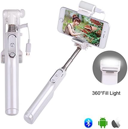 Selfie Stick, GEANOV Bluetooth Selfie Stick with 360 Degree Led Fill Light and Mirror, for iPhones, Samsung Galaxy s7 edge/s4 and more Android System Phones (A6-White)