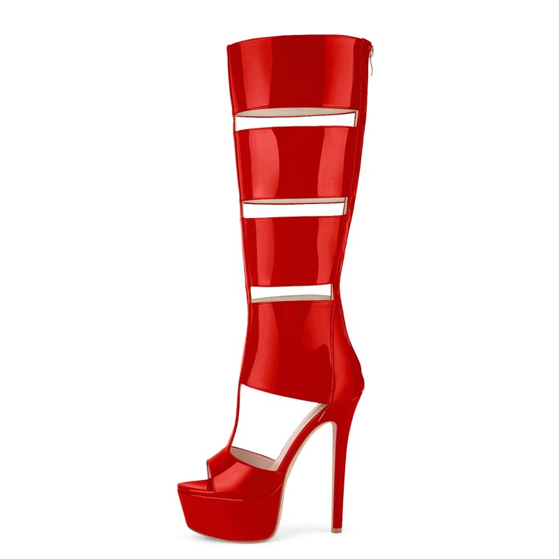 Only maker Women's Gladiator Knee High Stilettos Heels Sandals,Platform Peep Toe Back Zipper Shoes Red US10 at Amazon