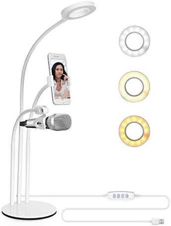LKARM Portable 3 in 1 Cell Phone Holder with Selfie LED Ring Light &amp; Micphone holder for Live Stream/Cam/Video stander, Flexible Gooseneck Holder for Bedroom, Office, Kitchen