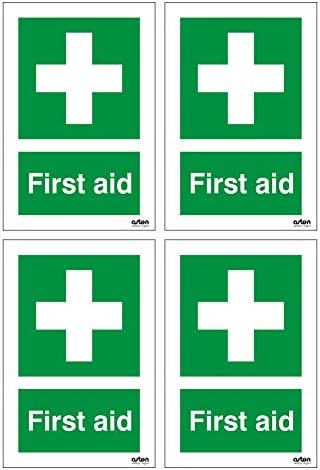 4 x First Aid Signs. First Aid Cross symbol and text. 100mm x 150mm (Pack of 4) (1mm Thick Rigid Plastic)