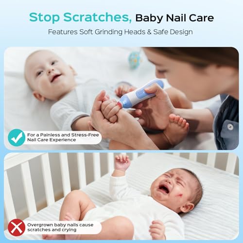 COSLUS C52 Baby Nail Trimmer Rechargeable: CPC Certified & Quiet Design - Gentle Baby Nail File for Trimming, Electric Baby Nail Kit with 5 Modes & 6 Grinding Heads for Infant toddler Kid, Baby Blue