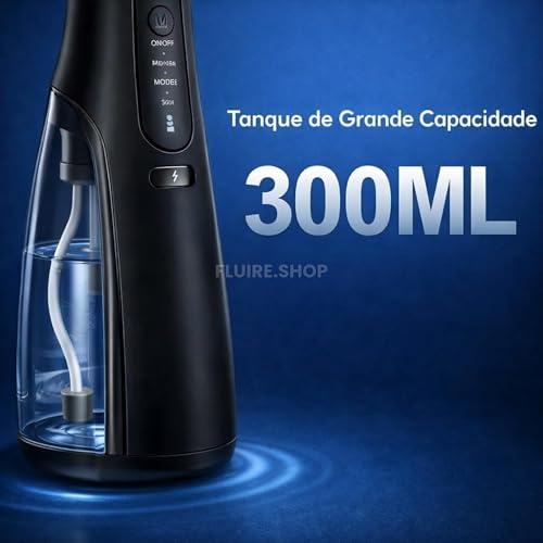 Irrigador Oral & Bucal Portátil Recarregável -Tanque 300ml - Limpeza Profunda com 4 Níveis de Pressão, 4 Ponteiras, À Prova d’Água - Jato Dental Ideal para Aparelhos Ortodônticos, Implantes e Gengivas (Preto)