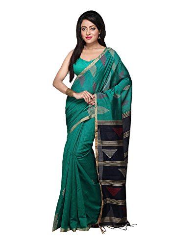 Bengal Handloom Saree Women's Silk Cotton Handwork Free Size Turquoise