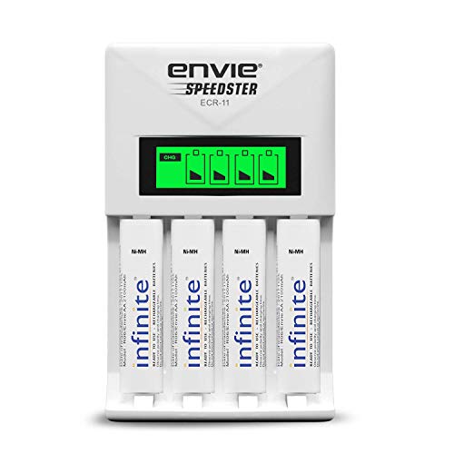 ENVIE® (ECR11+AA2100 RTU 4PL) Speedster Fast Charger for AA &amp; AAA Rechargeable Batteries with 4xAA2100mah Infinite Rechargeable Battery with LCD D