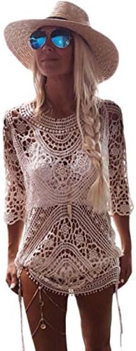 Doqers Women White Sheer Crochet Open Back Beachwear Cover Up One Piece