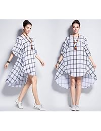 Anysize Plaids Primavera Verano Suave Lino   Algodón Vestido Más el Tamaño de la Ropa Y113