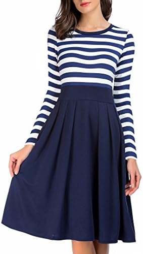 AAMILIFE Women's Long Sleeve Navy Style Stripe Scoop Neck Casual Swing Dress Navyblue XL