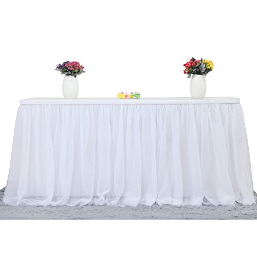 Haperlare 14ft Tablecloth White Tulle Table Skirt Queen Snowflake Wonderland Tulle White Tablecloth Tutu Tablecloth Skirting for Wedding Party Baby Shower Christmas Birthday Banquet Table Decorations