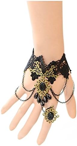 Oyang Fashion Gothic Women Jewelry Black Cameo Lace Flower Bracelet Chain Ring Lolita