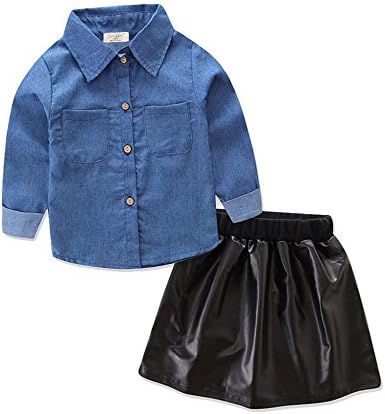 Baby Girl Long Sleeve Denim Top Shirt Leather Skirt Outfits Clothes Set -Glosun Blue/ Black 4T tag Size 110