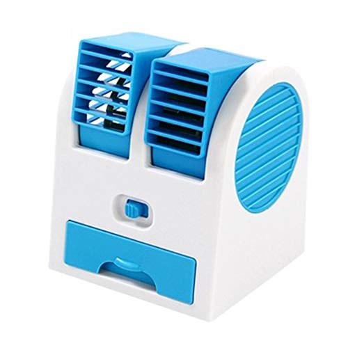 Mini Leafless Air Conditioner Double Air Outlet High and Low Adjustable USB Fan,Blue