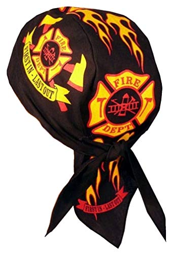 Sparkling Earth Skull Cap Biker Caps Headwraps Doo Rags - Fire Department on Black