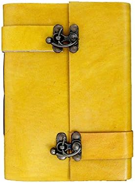 CRAFAT Handmade Pure Leather Diary Genuine Real Vintage Hunter Paper Notebook Diary for Office Home to Write Poem Daily Update with Attractive 2 Metal Lock - Size of (H) 7 *(L) 5 Inch (Yellow)