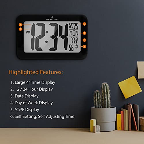 MARATHON CL030033BK Atomic Selfsetting Selfadjusting Wall Clock w