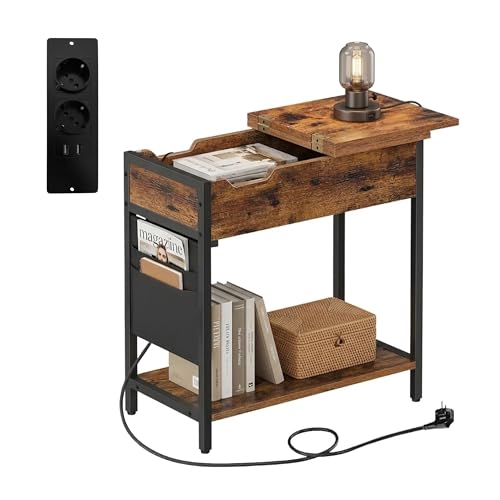 Beistelltisch mit Steckdosen, USB-Anschluss, Seitentasche, 60x60x31,5 cm, Industrial Nachttisch, schwarz/braun