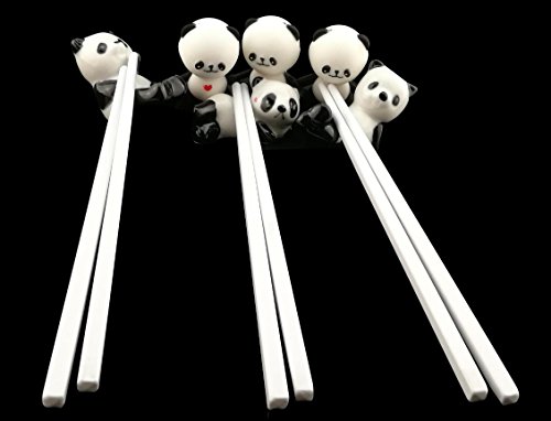 Cute Black and White Panda Chopsticks With Training Connector Ceramic Chopsticks Stand Rest Holder For Kids Adults (1 Set Of 3 Pairs Chopsticks and 3 Chopstick Rests) - Thumbnail 4