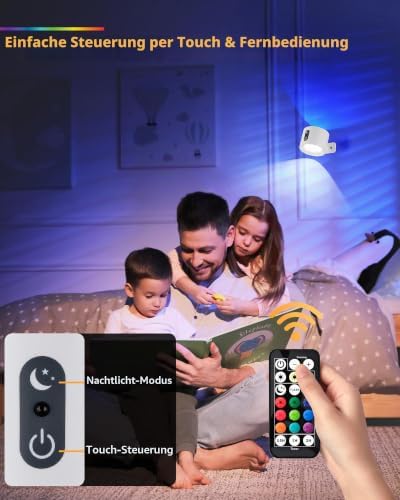 2er LED Wandleuchte Innen Akku – Kabellos RGB Wandlampe Weiß – Touch Dimmbar mit Fernbedienung – Aufladbar Spots zum Kleben Ohne Bohren Ohne Strom für Bett Treppenhaus Bild AURI WL01