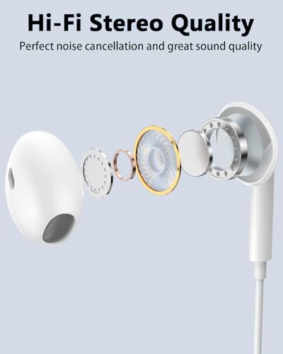 Bivvclaz Wired In-Ear Headphones Wired Earphones HiFi Stereo Noise Cancelling Headphones with Mic and Volume Control Compatible with iPhone 14 Pro Max/14 Plus/13 Pro/13/12/11/XR/XS/X/SE/7