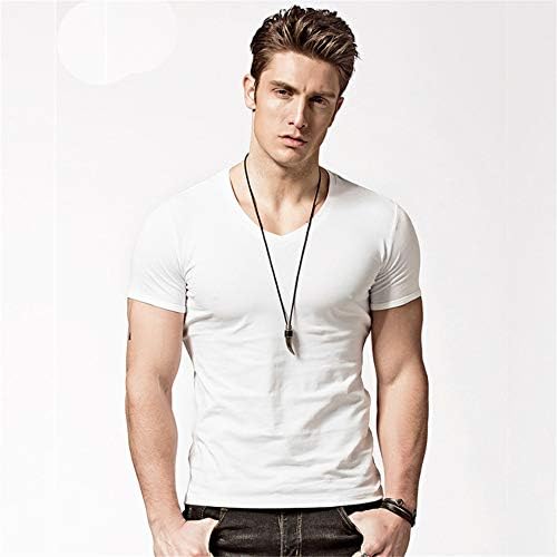 XUDIANG Men's Solid Color Short Sleeve V-Neck Henry Shirt Round Neck Slim Casual T-Shirt-(V-White XL)
