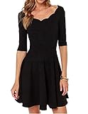 Tengo Women Slim Flared Tunic Corrugated Neckline Dress (XL, Black)