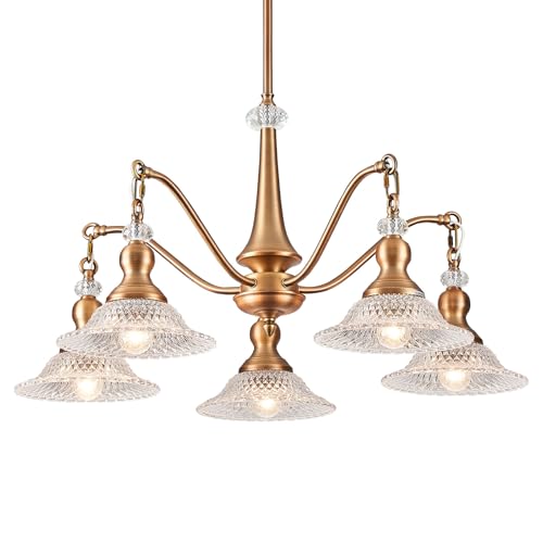 Photo 1 of 5-Light Vintage Crystal Chandelier - Brushed Brass Ceiling Fixture with Glass Shades, Adjustable Height Flush Mount, E26 Bulb Compatible for Dining Room & Kitchen Island