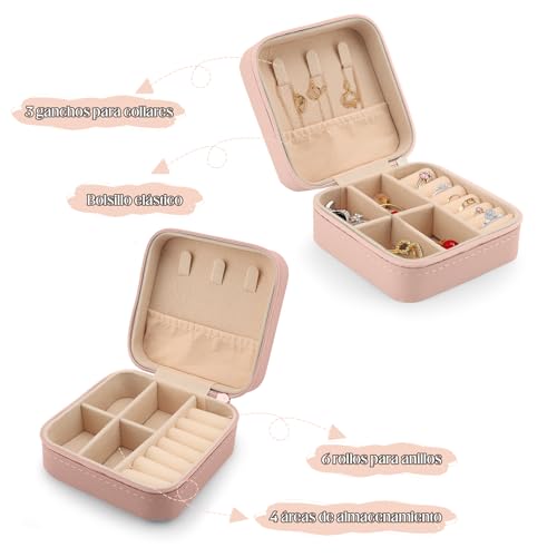 MEKOTRIN Organizador de Joyero Pequeño, Caja de Viaje para Mujeres de 20 Piezas, Estuche Portátil de PU para Anillos, Pendientes y Collares(Rosáceo)