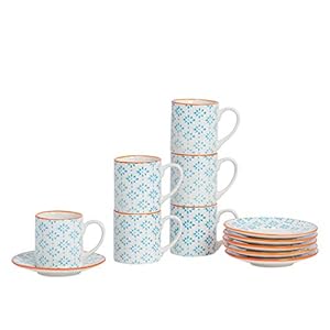Nicola Spring 12 stuks Hand Printed espresso kop en schotel set – Kleine Japanse stijl Porselein Coffee Cups – Blue…