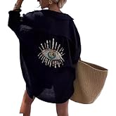 LXYZXZ Oversized Sequin Evil Eye Shirts Dress Long Sleeve Button Down Shirt Women Beach Cover Ups Summer 2024
