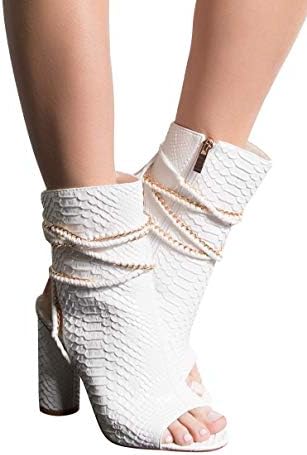 AZALEA WANG Faux Snake Shield Chain Straps Side Zip Peep Toe Chunky Heel Sexy Booties