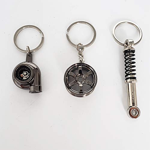 Ispeedytech 3 Auto Part Model Metal Keychain/Key Ring/Holder Set- Wheel Rim Tyre,Spinning Turbo, Spring Shock Absorber Keychain
