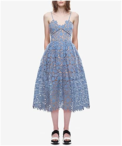 JY FASHION Women's Spaghetti Strap Backless Lace Crochet Prom Midi Dress M Blue